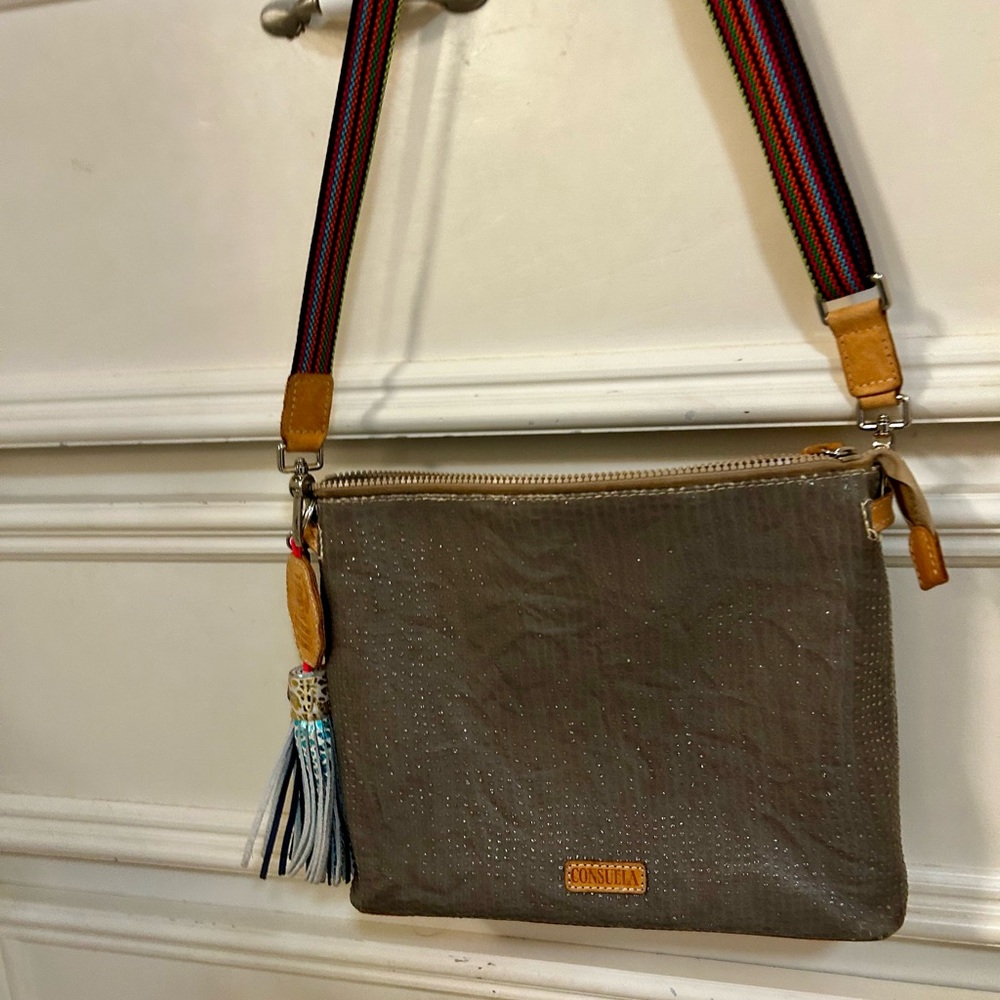 Consuela Tan Crossbody Bag with Multicolor Strap